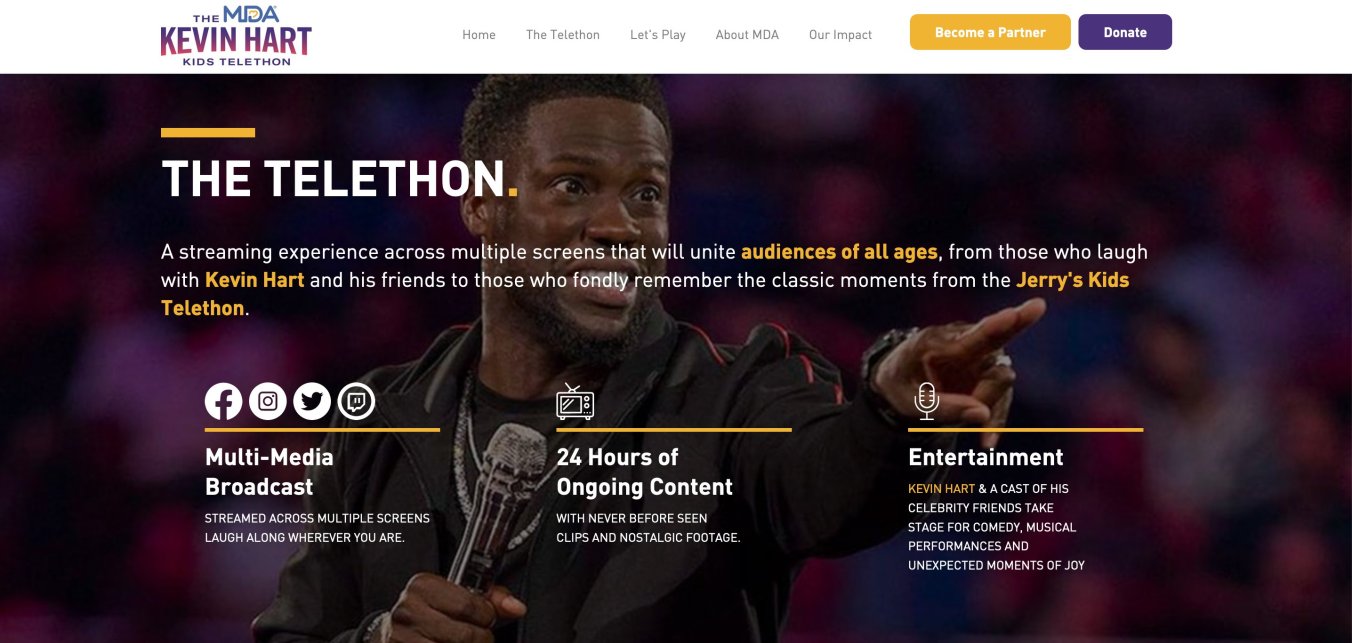 Ad image with Kevin Hart. Major headlines include Multi-Media Broadcast, 24 hours of content, Entertainment